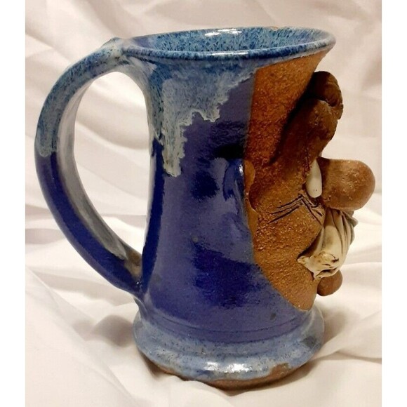 Vintage Ugly Funny Face Decorative Blue Pottery Mug 5”Tall Signed Handmade - Picture 2 of 6